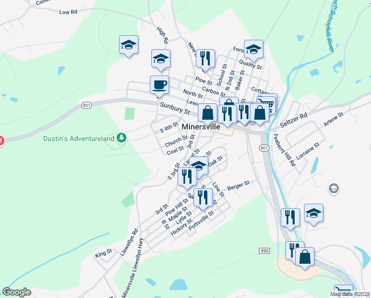 map of restaurants, bars, coffee shops, grocery stores, and more near 417 Coal Street in Minersville