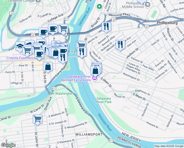 map of restaurants, bars, coffee shops, grocery stores, and more near 3 Elizabeth Street in Phillipsburg