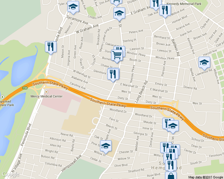 map of restaurants, bars, coffee shops, grocery stores, and more near S Franklin St & Weir St in Hempstead