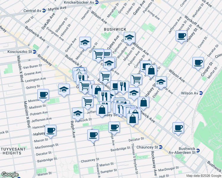 map of restaurants, bars, coffee shops, grocery stores, and more near Bushwick Avenue & Putnam Avenue in Brooklyn