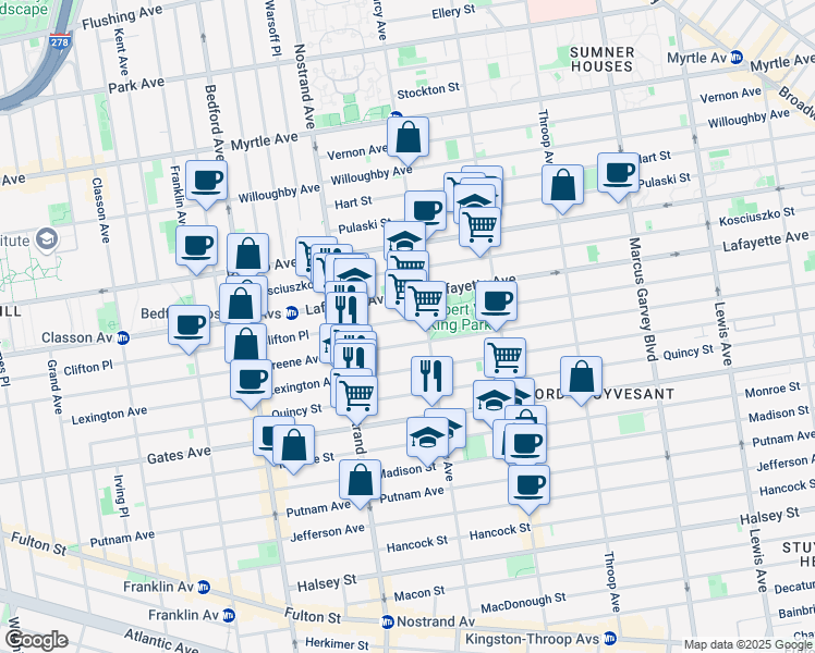 map of restaurants, bars, coffee shops, grocery stores, and more near 384-390 Clifton Place in Brooklyn