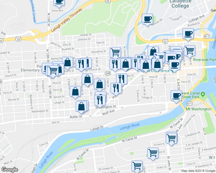 map of restaurants, bars, coffee shops, grocery stores, and more near 99 South 8th Street in Easton