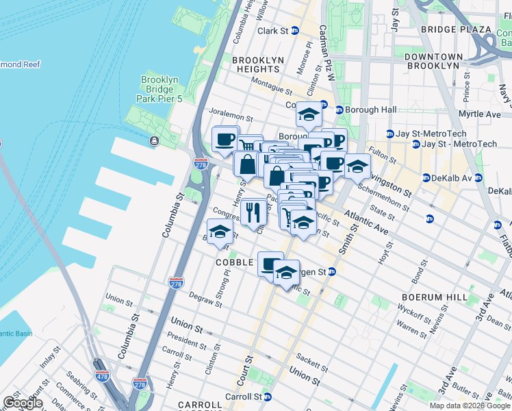map of restaurants, bars, coffee shops, grocery stores, and more near 236 Clinton Street in Brooklyn