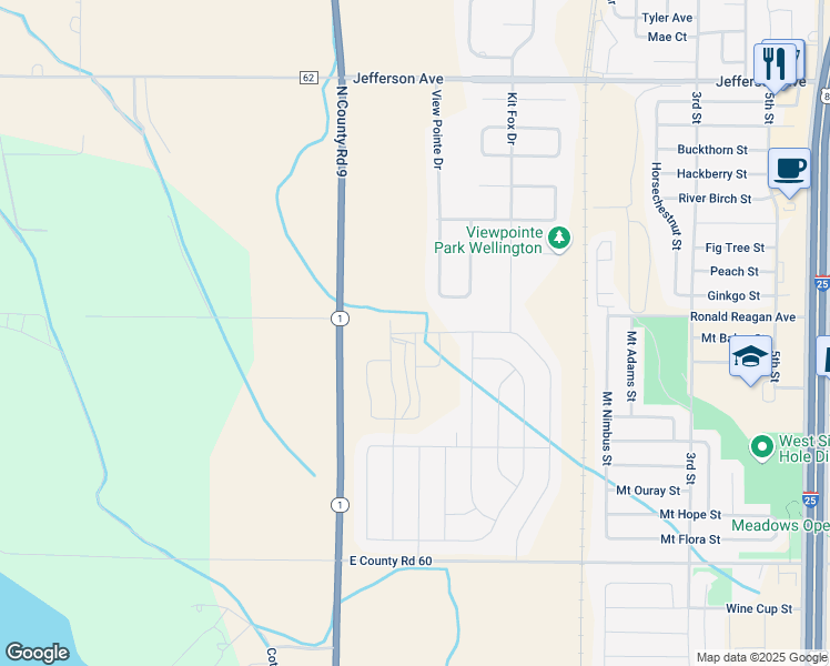 map of restaurants, bars, coffee shops, grocery stores, and more near 7128 Colorado 1 in Wellington