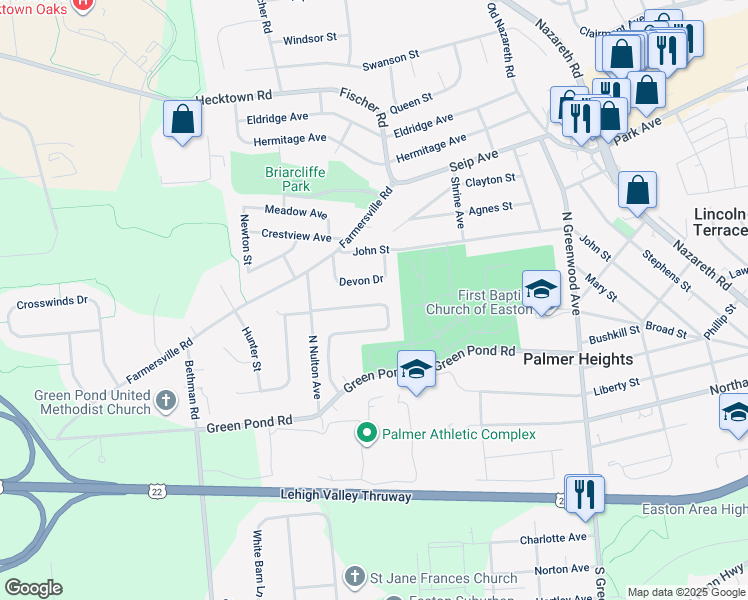 map of restaurants, bars, coffee shops, grocery stores, and more near 44 Ridgewood Road in Easton
