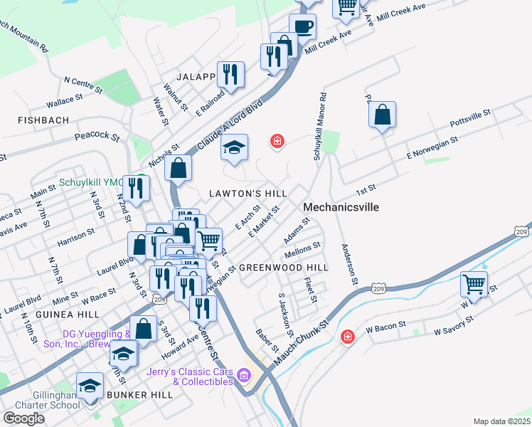 map of restaurants, bars, coffee shops, grocery stores, and more near 528 East Market Street in Pottsville
