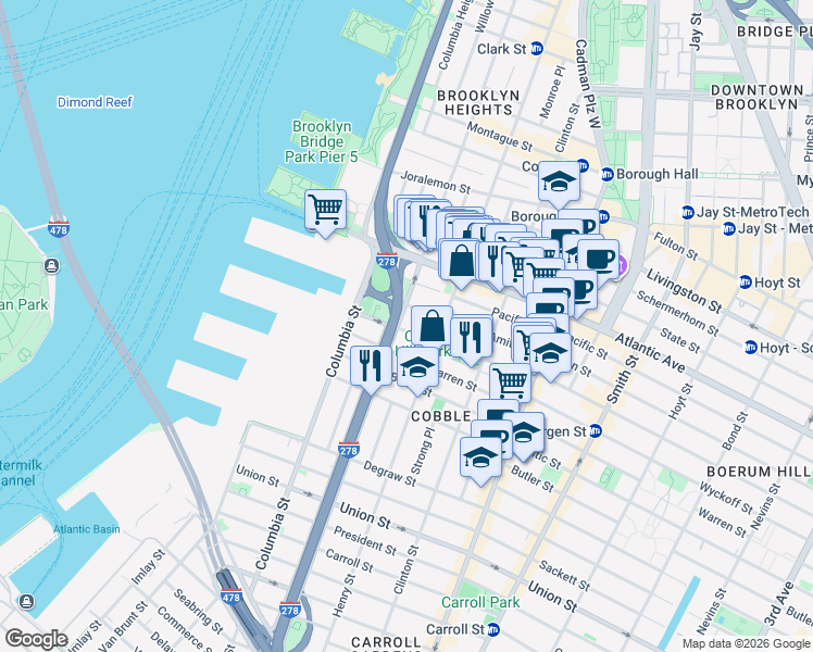 map of restaurants, bars, coffee shops, grocery stores, and more near 119 Congress Street in Brooklyn
