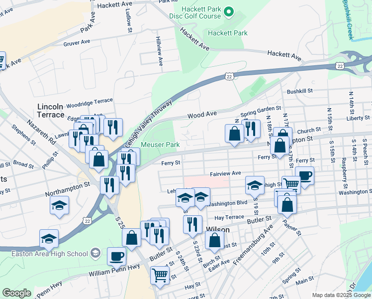 map of restaurants, bars, coffee shops, grocery stores, and more near 2131 Northampton Street in Easton