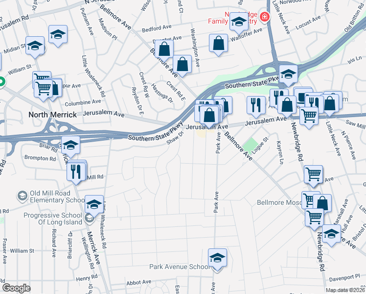 map of restaurants, bars, coffee shops, grocery stores, and more near 24 Winifred Drive in Merrick