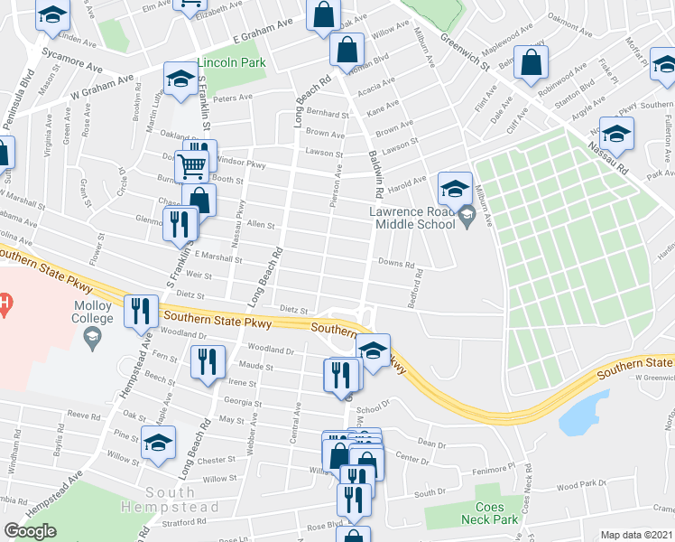 map of restaurants, bars, coffee shops, grocery stores, and more near 167 East Marshall Street in Hempstead