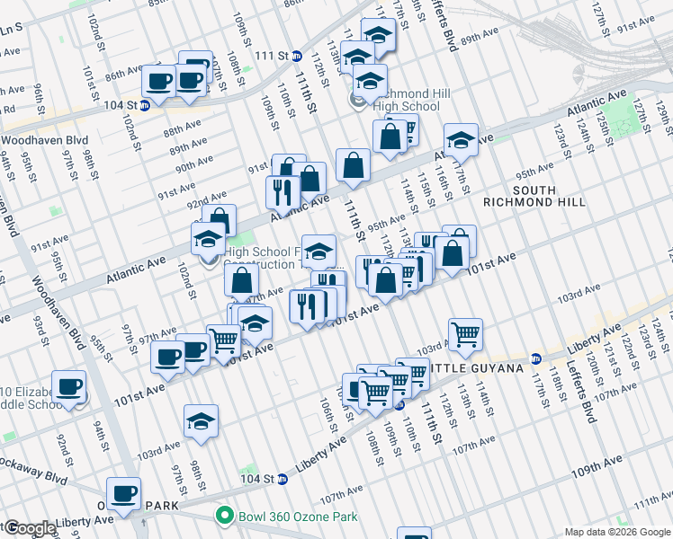 map of restaurants, bars, coffee shops, grocery stores, and more near 97-06 110th Street in Queens
