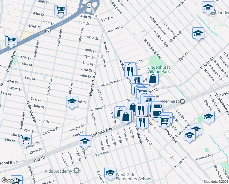 map of restaurants, bars, coffee shops, grocery stores, and more near 250 North 5th Street in Lindenhurst