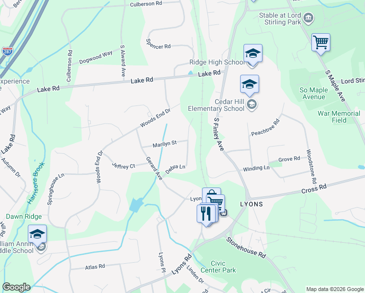 map of restaurants, bars, coffee shops, grocery stores, and more near 37 Marilyn Street in Bernards