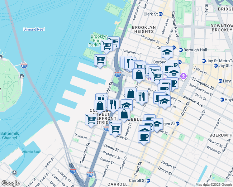 map of restaurants, bars, coffee shops, grocery stores, and more near 100 Congress Street in Brooklyn