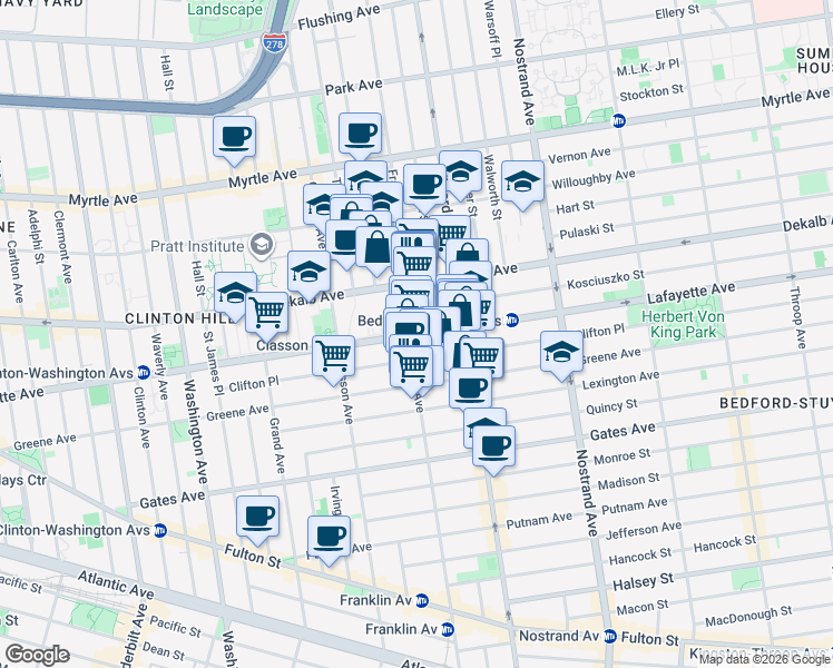 map of restaurants, bars, coffee shops, grocery stores, and more near Lafayette Ave & Franklin Ave in Brooklyn