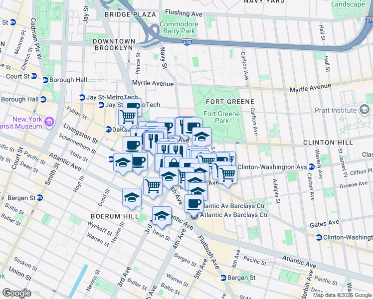 map of restaurants, bars, coffee shops, grocery stores, and more near 201 1/2 Ashland Place in Brooklyn