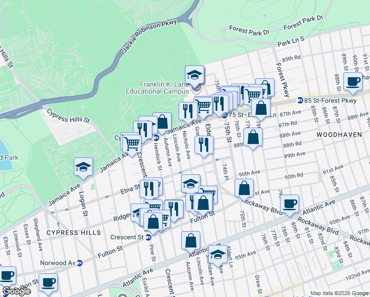 map of restaurants, bars, coffee shops, grocery stores, and more near 54 Nichols Avenue in Brooklyn