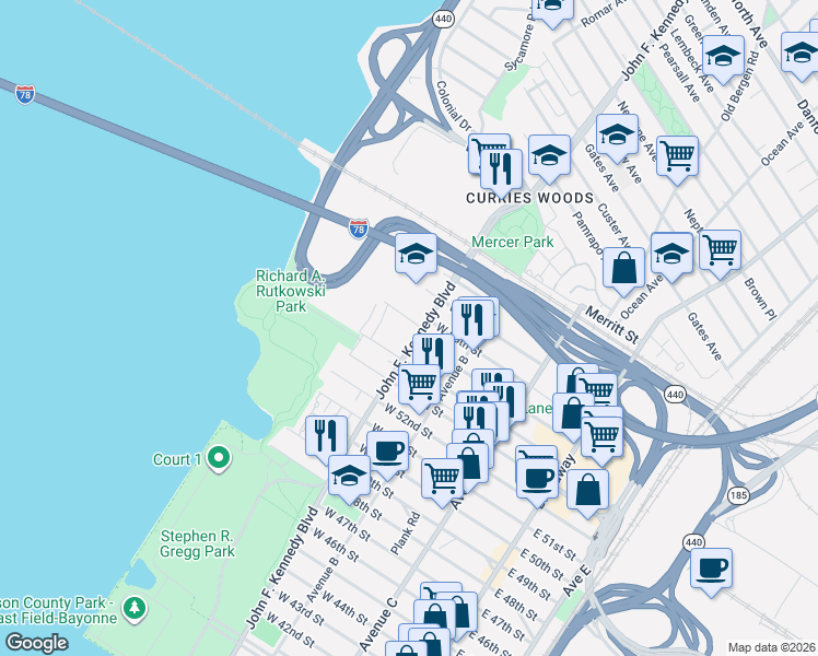 map of restaurants, bars, coffee shops, grocery stores, and more near in Bayonne