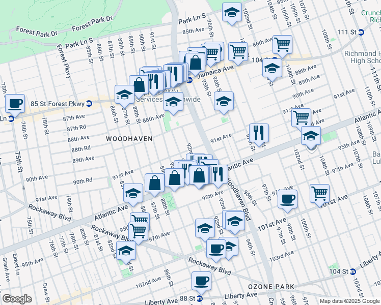 map of restaurants, bars, coffee shops, grocery stores, and more near 91-88 91st Avenue in Queens