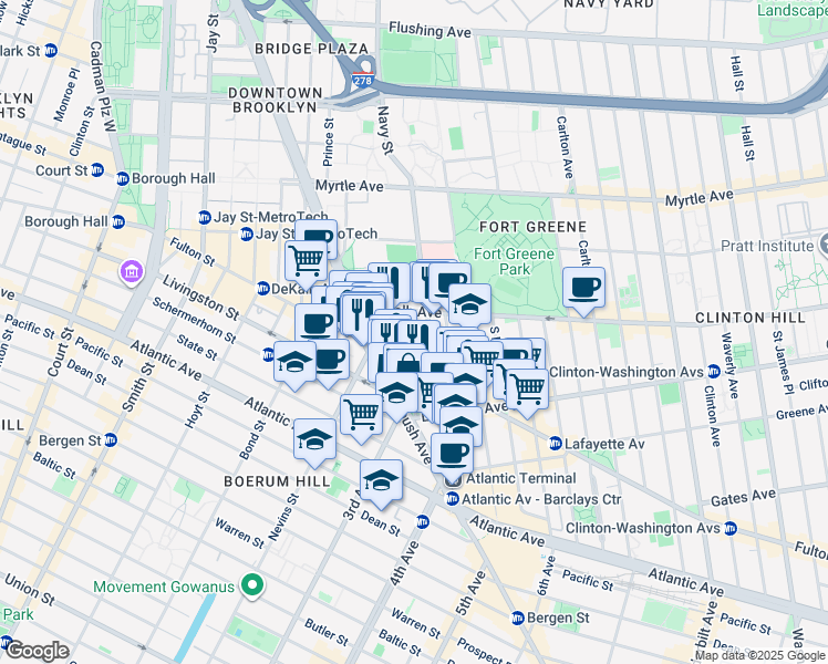 map of restaurants, bars, coffee shops, grocery stores, and more near 201 1/2 Ashland Place in Brooklyn