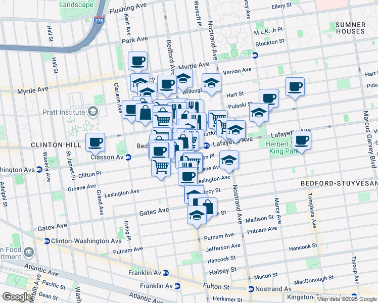 map of restaurants, bars, coffee shops, grocery stores, and more near 1068 Bedford Avenue in Brooklyn