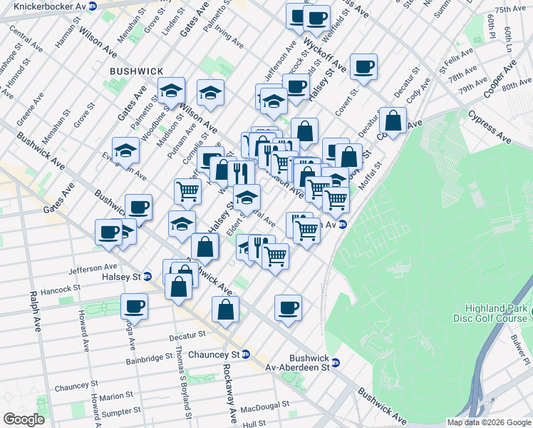 map of restaurants, bars, coffee shops, grocery stores, and more near 587 Central Avenue in Brooklyn