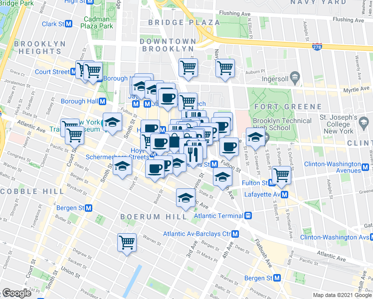 map of restaurants, bars, coffee shops, grocery stores, and more near 549 Fulton Street in Brooklyn
