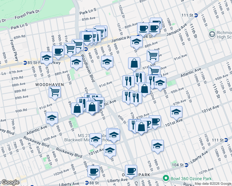 map of restaurants, bars, coffee shops, grocery stores, and more near 93-01 95th Street in Queens