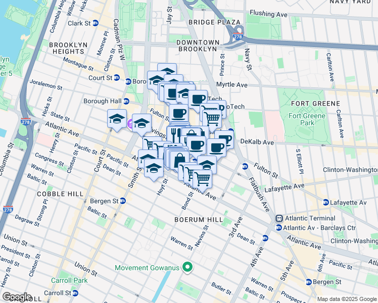 map of restaurants, bars, coffee shops, grocery stores, and more near 210 Livingston Street in Brooklyn