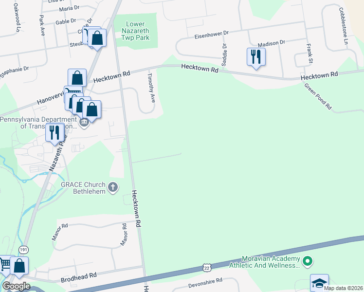 map of restaurants, bars, coffee shops, grocery stores, and more near 176 Butztown Road in Bethlehem