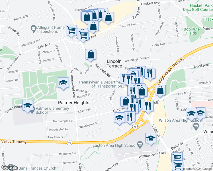 map of restaurants, bars, coffee shops, grocery stores, and more near 2638 Stephens Street in Easton