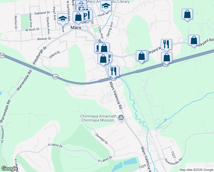 map of restaurants, bars, coffee shops, grocery stores, and more near 119 Oak Alley in Mars