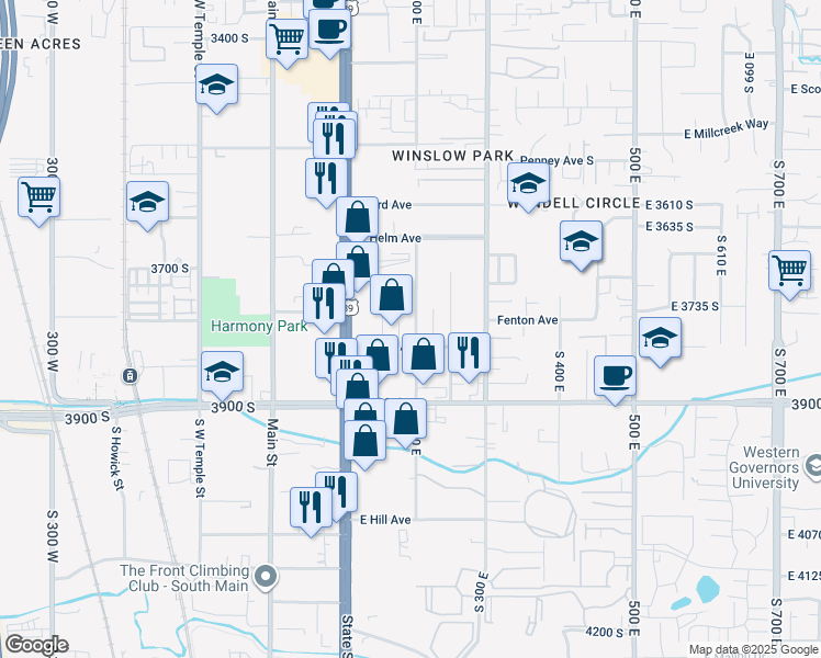 map of restaurants, bars, coffee shops, grocery stores, and more near 3750 South 200 East in South Salt Lake