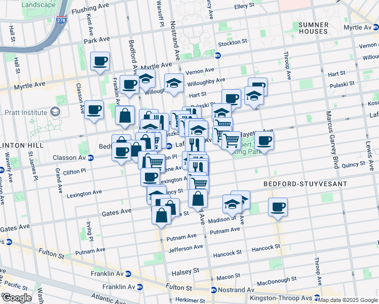 map of restaurants, bars, coffee shops, grocery stores, and more near 328 Clifton Place in Brooklyn