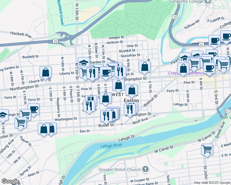 map of restaurants, bars, coffee shops, grocery stores, and more near 1032 Ferry Street in Easton