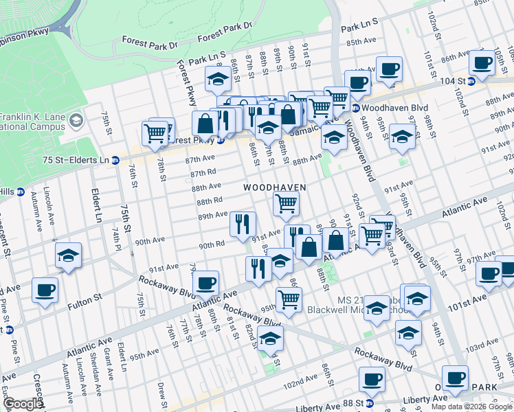 map of restaurants, bars, coffee shops, grocery stores, and more near 89-16 86th Street in Queens