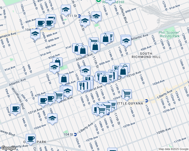 map of restaurants, bars, coffee shops, grocery stores, and more near 110th Street in Queens