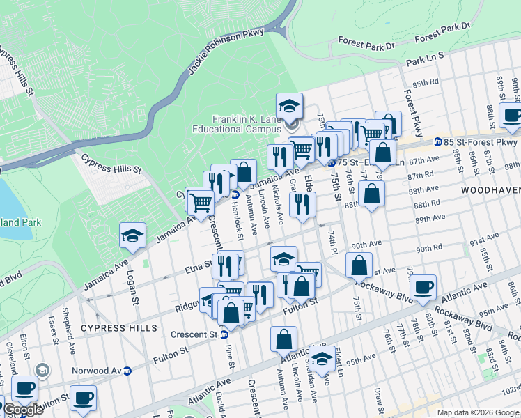 map of restaurants, bars, coffee shops, grocery stores, and more near 59 Lincoln Avenue in Brooklyn