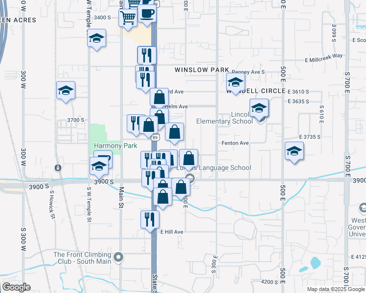 map of restaurants, bars, coffee shops, grocery stores, and more near 3750 South 200 East in South Salt Lake