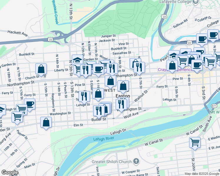 map of restaurants, bars, coffee shops, grocery stores, and more near 1005 Ferry Street in Easton
