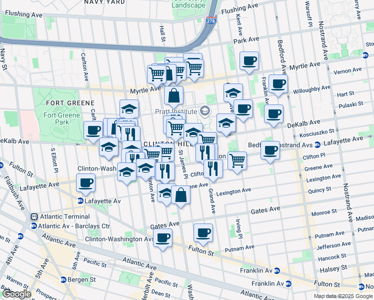 map of restaurants, bars, coffee shops, grocery stores, and more near 30 Saint James Place in Brooklyn