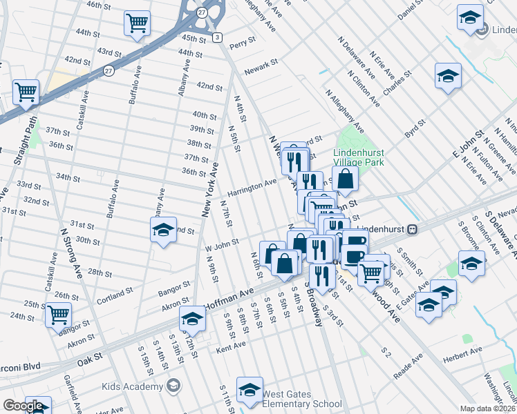 map of restaurants, bars, coffee shops, grocery stores, and more near 250 North 5th Street in Lindenhurst