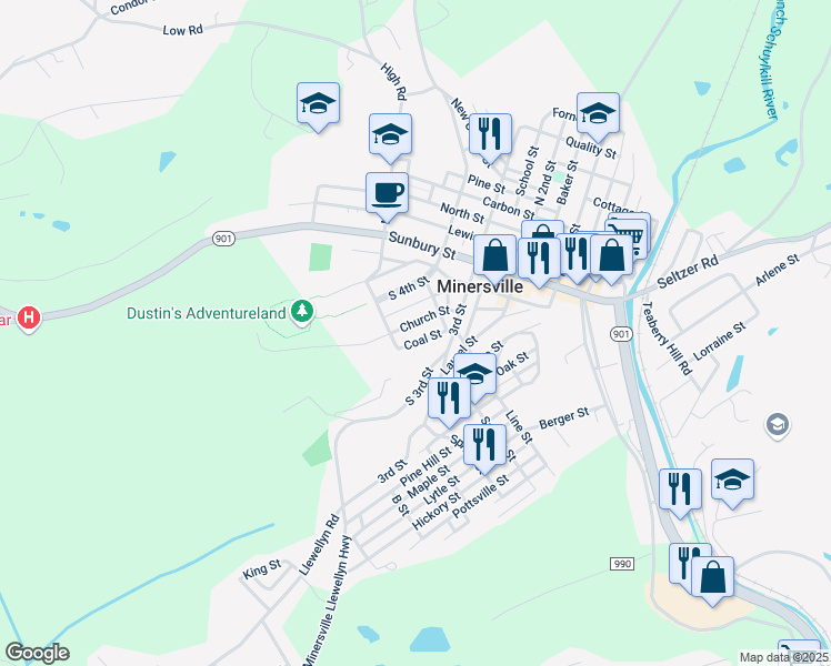 map of restaurants, bars, coffee shops, grocery stores, and more near 439 Church Street in Minersville