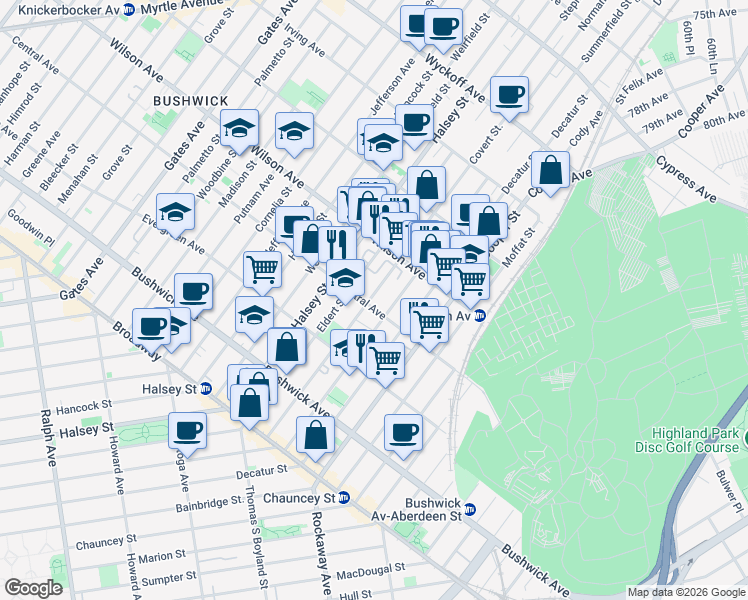 map of restaurants, bars, coffee shops, grocery stores, and more near 600 Central Avenue in Brooklyn