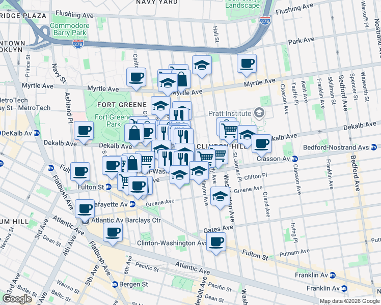 map of restaurants, bars, coffee shops, grocery stores, and more near 254 DeKalb Avenue in Brooklyn
