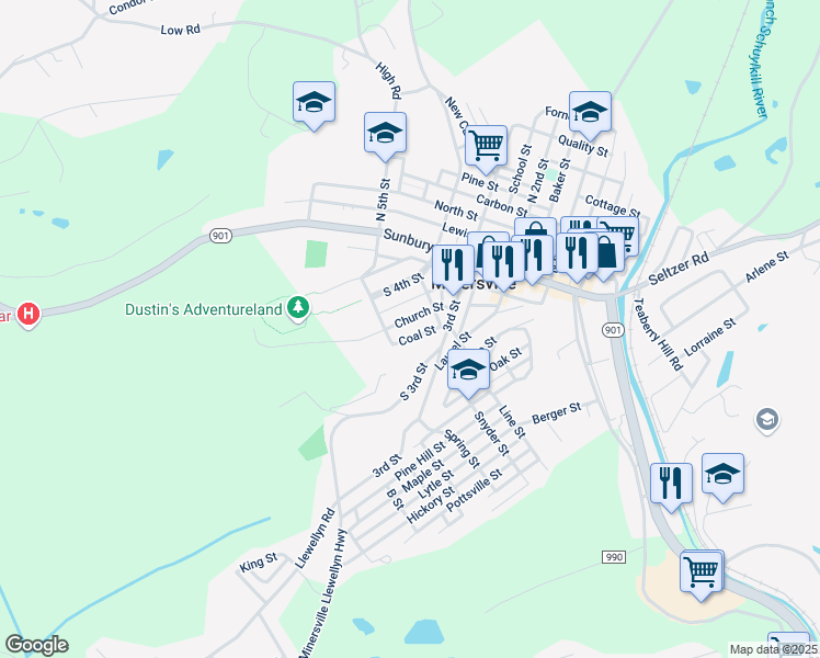 map of restaurants, bars, coffee shops, grocery stores, and more near 439 Church Street in Minersville
