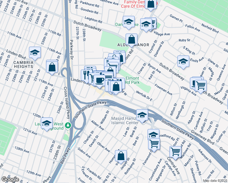 map of restaurants, bars, coffee shops, grocery stores, and more near 2066 Linden Boulevard in Elmont