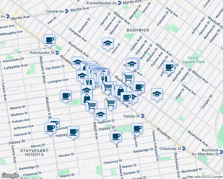 map of restaurants, bars, coffee shops, grocery stores, and more near 1390 Broadway in Brooklyn