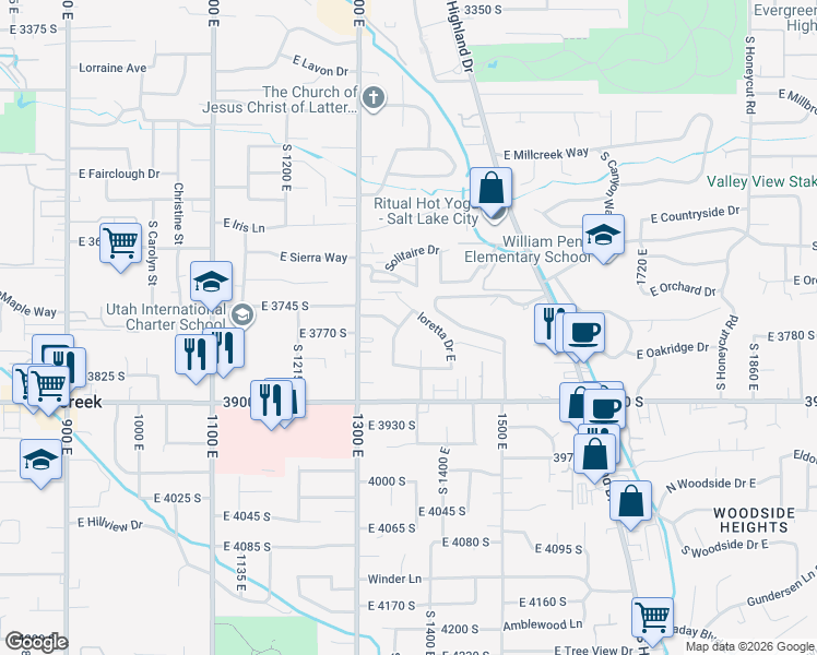 map of restaurants, bars, coffee shops, grocery stores, and more near 3786 Montecito Street East in Millcreek