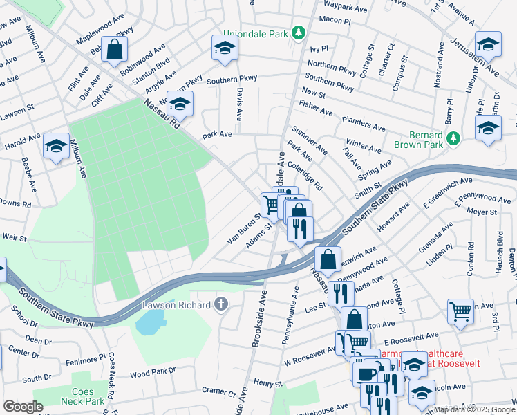 map of restaurants, bars, coffee shops, grocery stores, and more near 1002 Van Buren Street in Uniondale